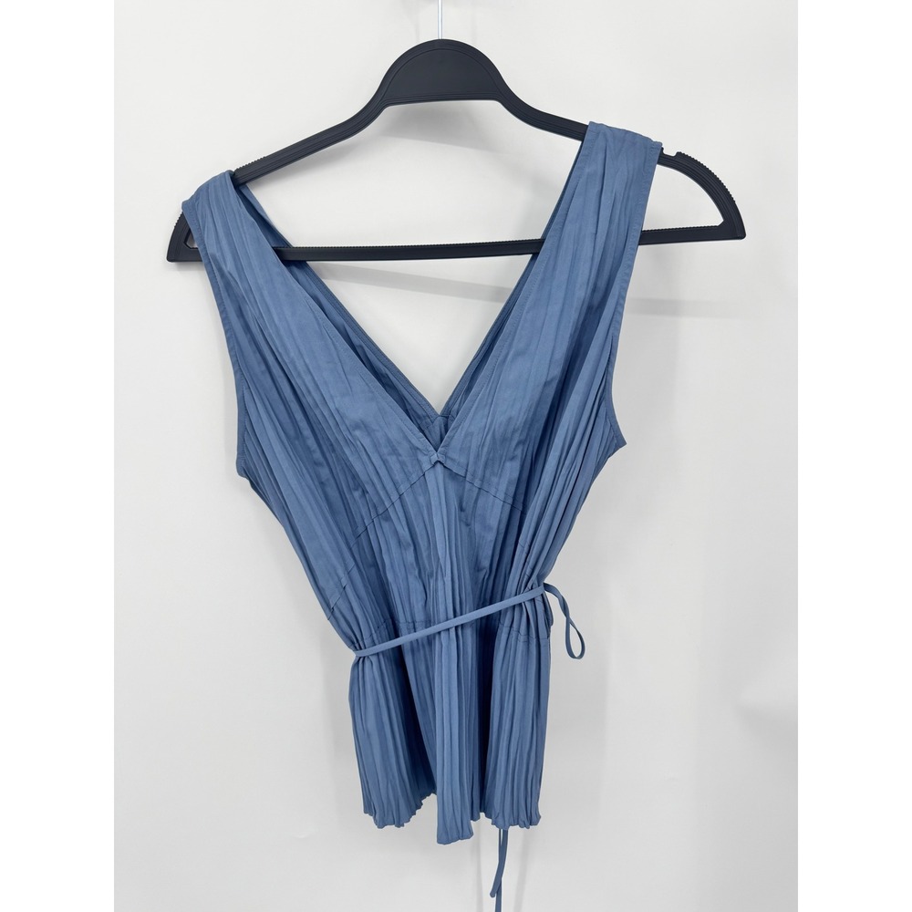 Vince Pleated Sleeveless Top Women S Blue V-Neck Tie Waist